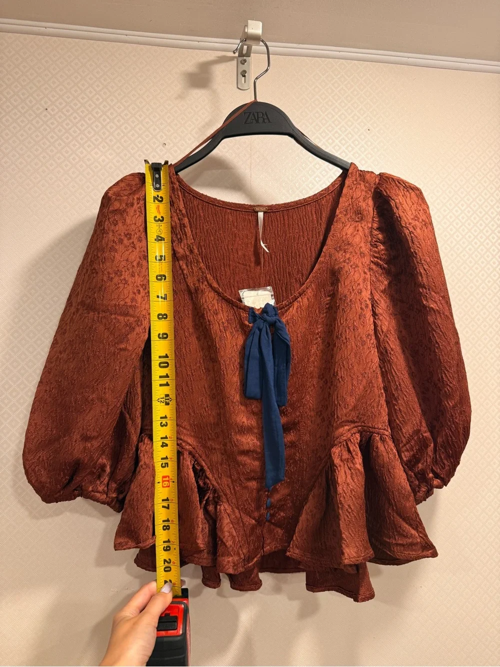 NWT Free People Pamela Bow Top Womens Rust Red Blouse with Navy Ribbon Size XS